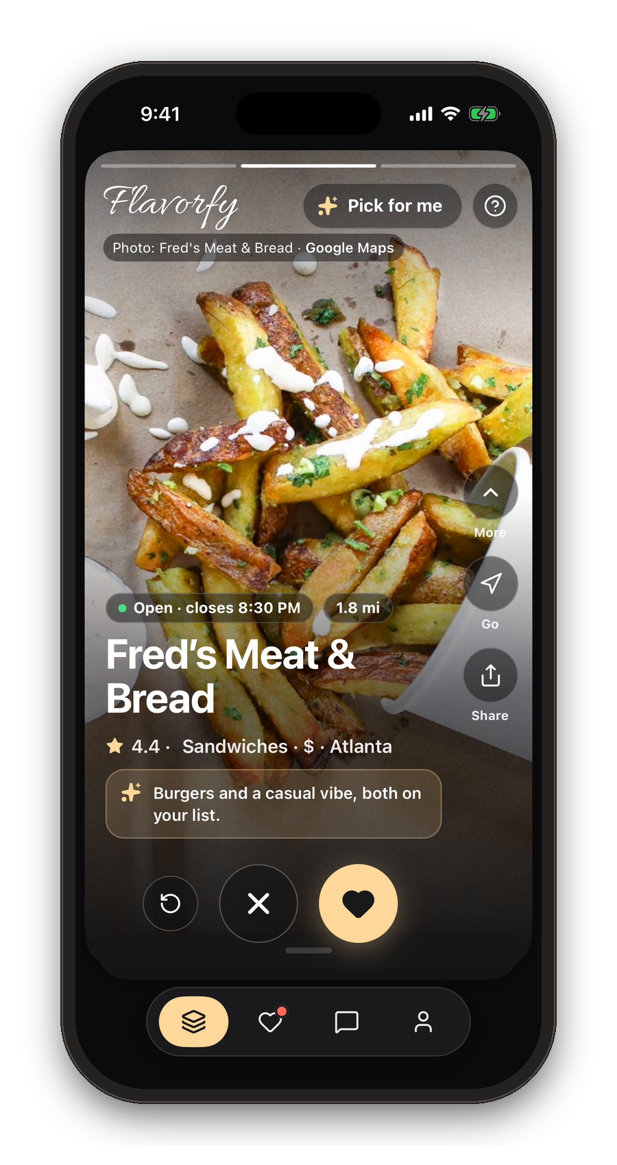 Flavorfy app showing Fred’s Meat and Bread, with swipe-to-save and a personalized recommendation