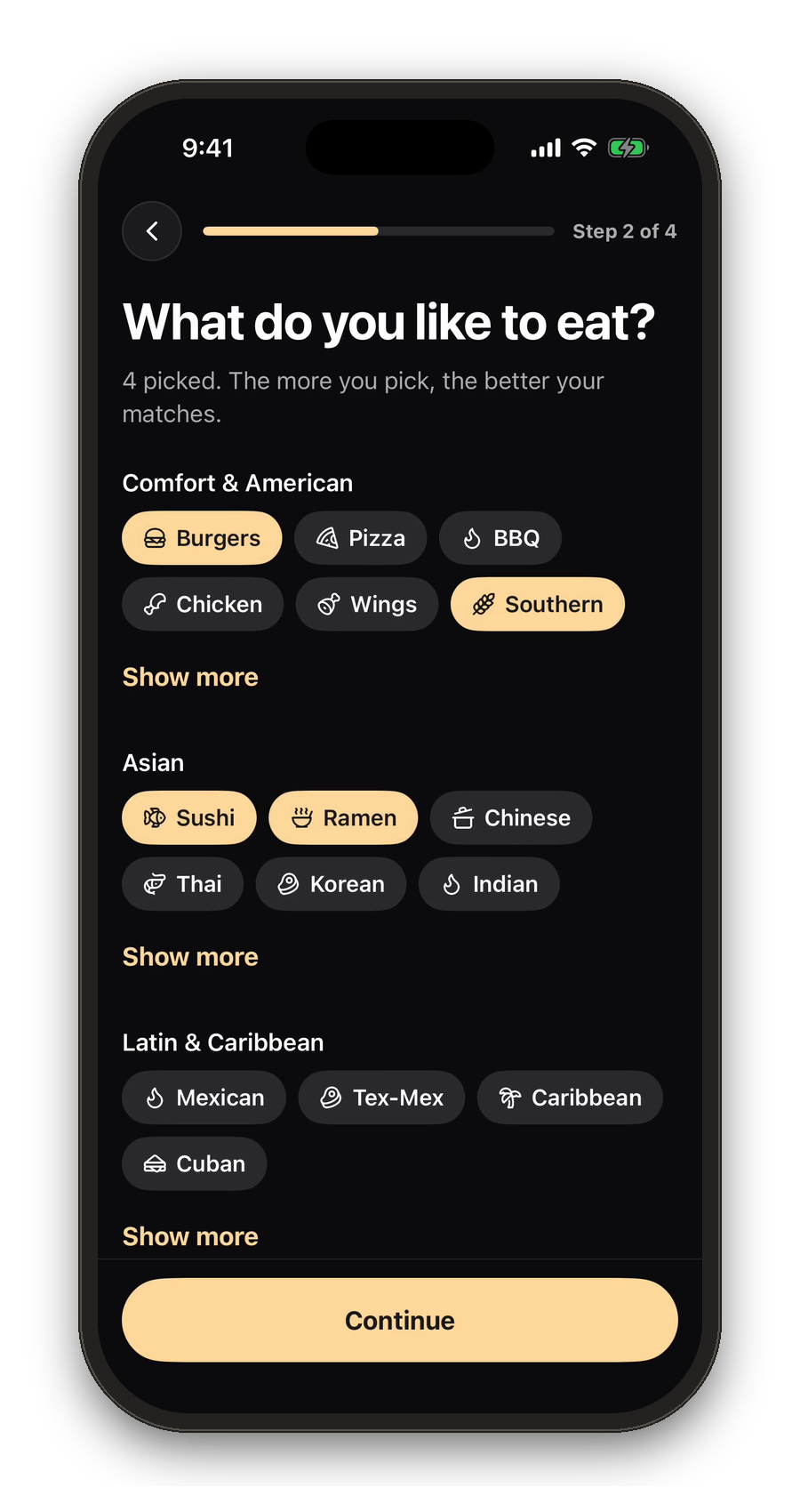 Choose favorite cuisines in Flavorfy