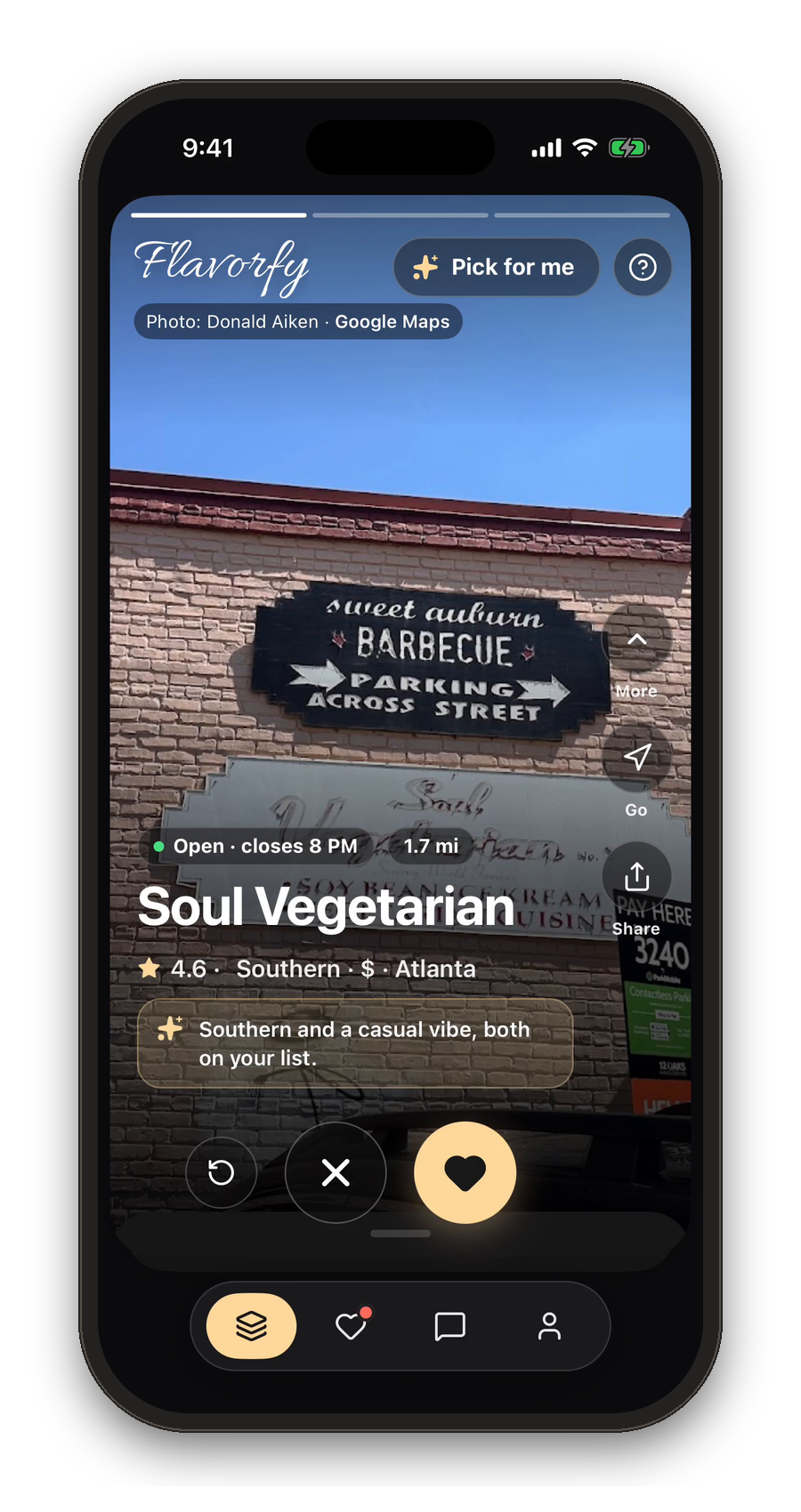 Swipe and save a restaurant in Flavorfy